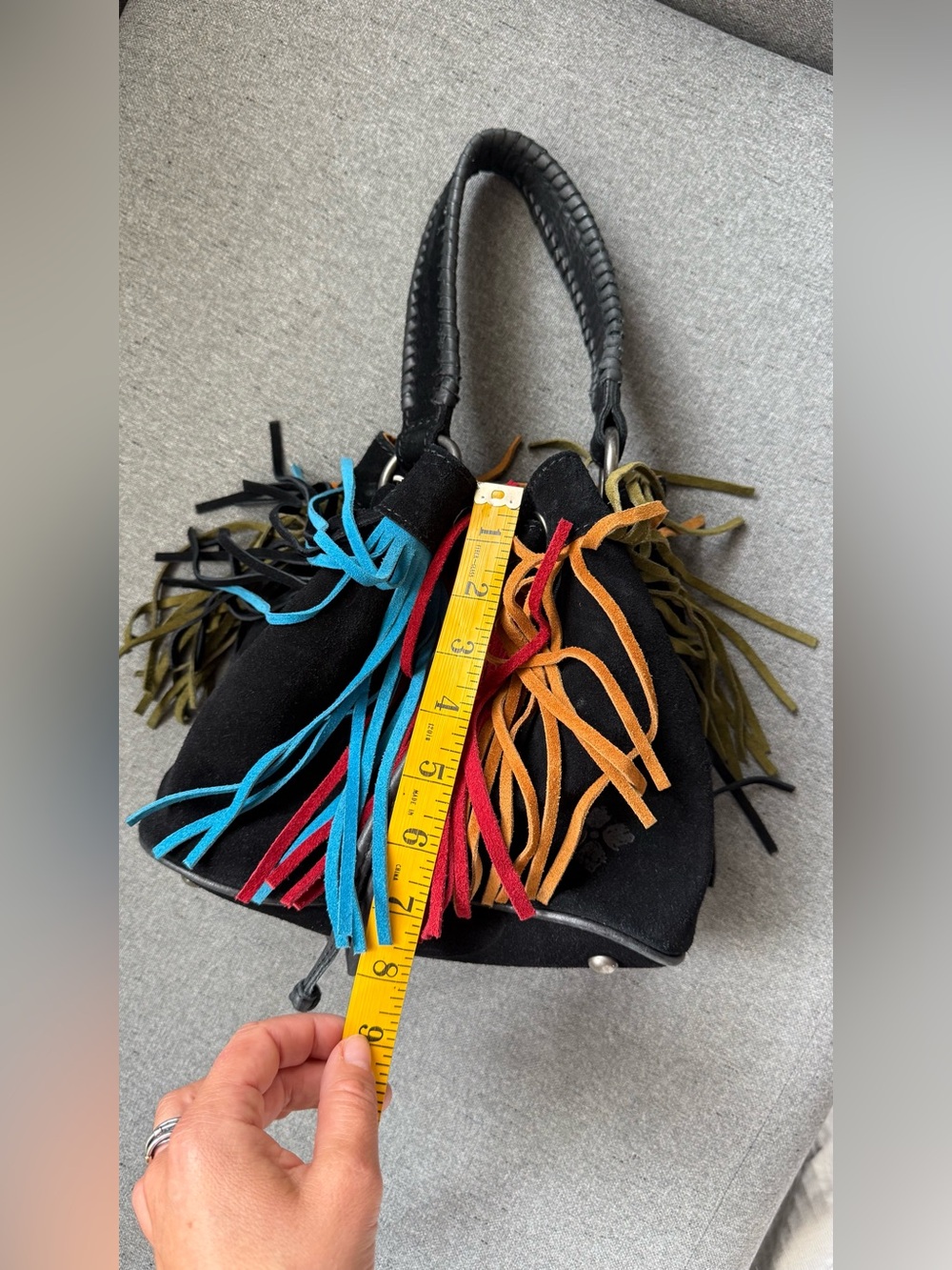 Patricia Nash Elisa Black Suede Multicolor Fringe Bucket Bag Boho Western - Picture 9 of 12